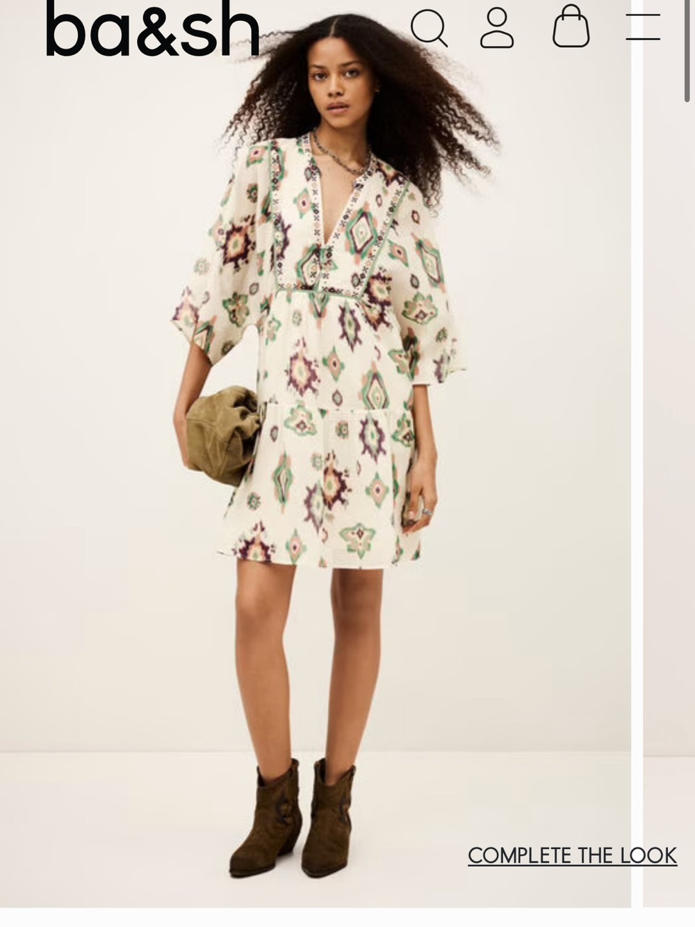 ba&sh Cream Boho V-Neck Mini Dress with Green and Burgundy Print